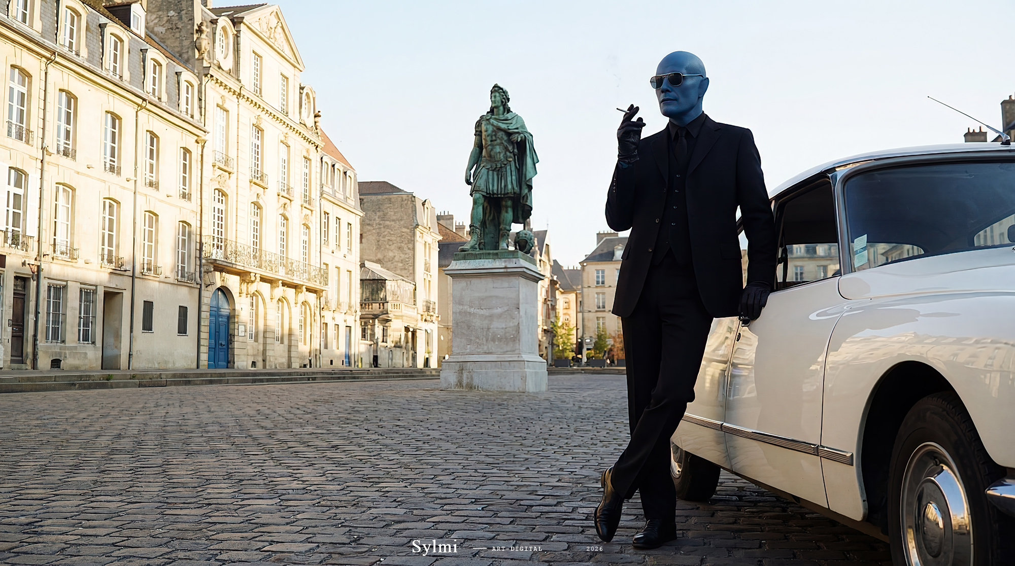 Fantômas — Saint-Sauveur 1967 avec Citroën DS 21 Pallas sur les pavés de Caen — art digital par Sylmi