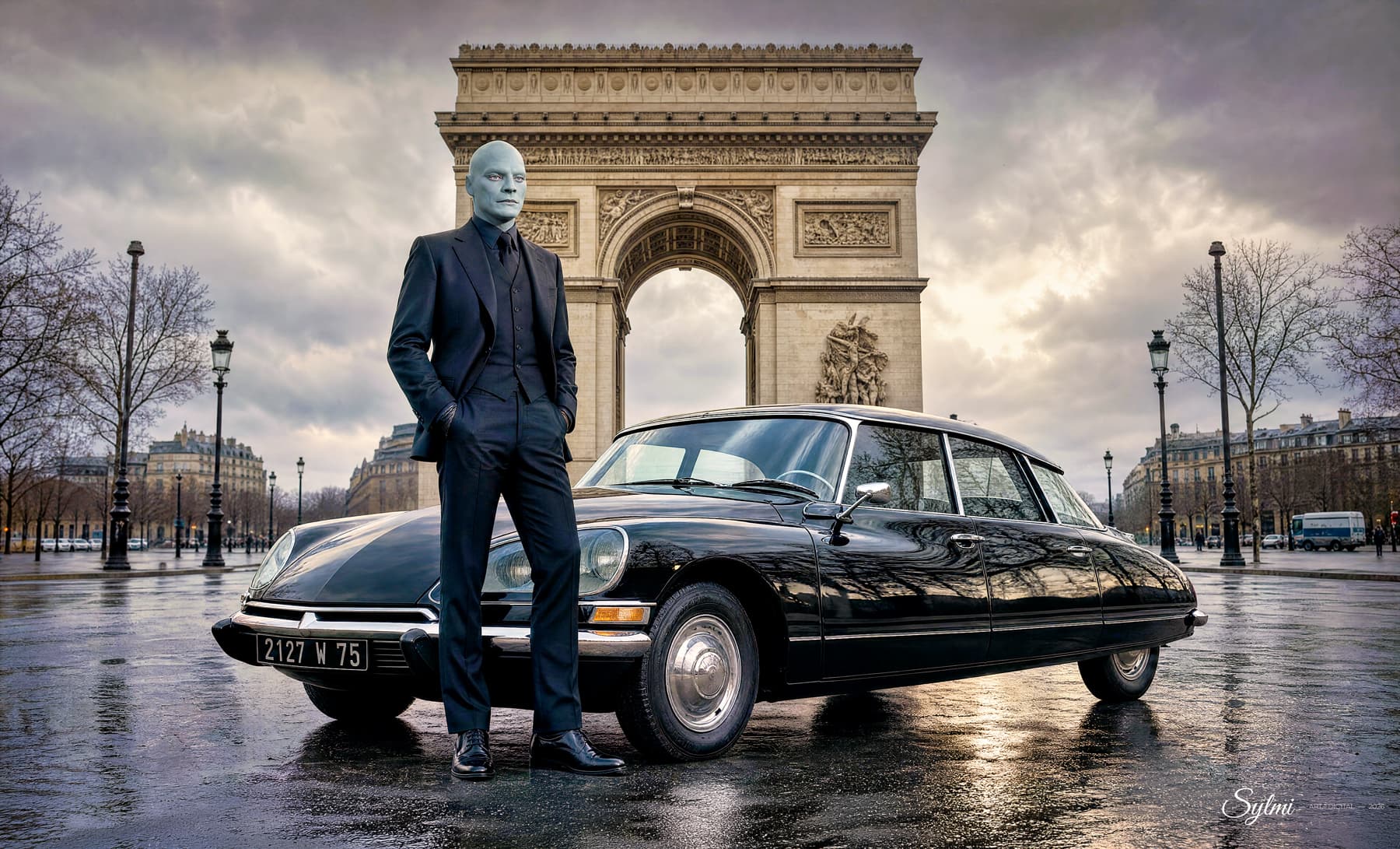 Fantômas — Paris, l'Étoile sous l'Arc de Triomphe avec la Citroën DS noire sous la pluie — œuvre de Sylmi