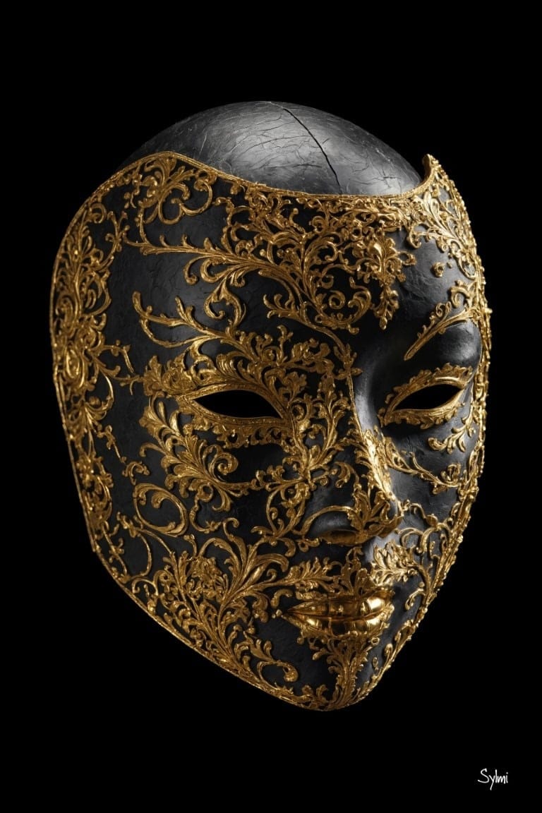 Le Masque du Roi Soleil — masque baroque royal aux filigranes dorés sur fond noir patiné par Sylmi