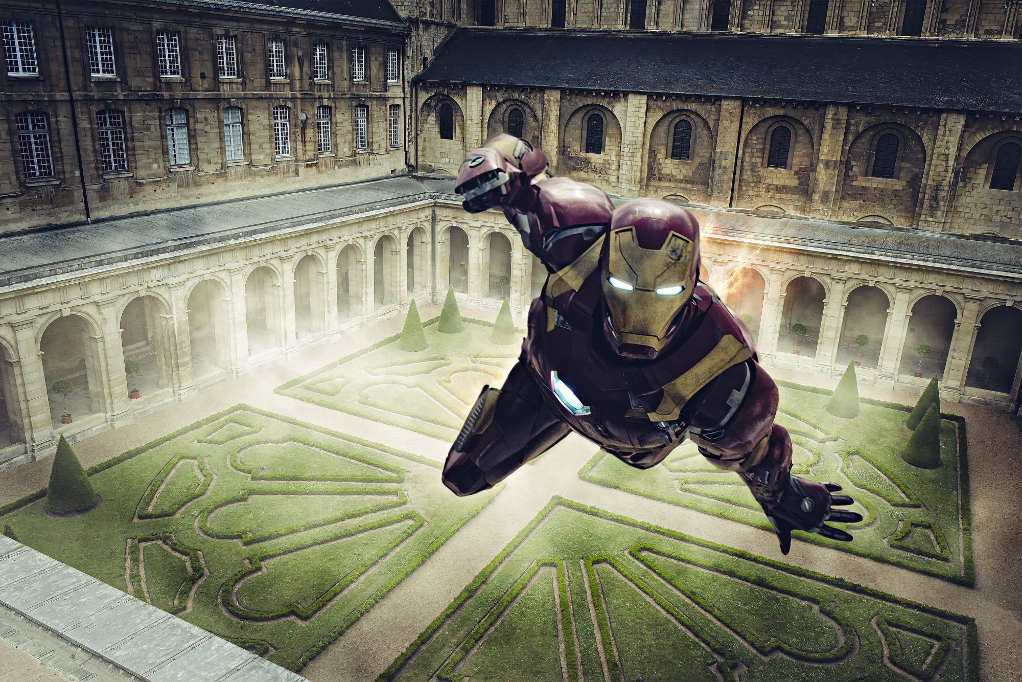 Iron Man dans les jardins de l'Hôtel de Ville de Caen — création art digital par Sylmi